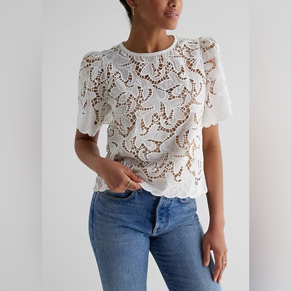 Express Tops - Express Embroidered Crochet Puff Short Sleeve Blouse in White with Underlay - M